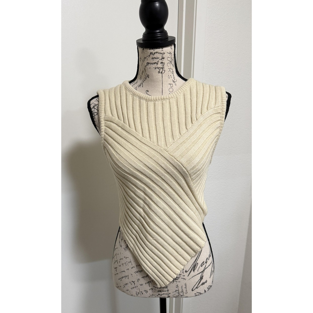 Stitch + Feather Sweater Tank Womens Small Beige Scarf Hem Ribbed Knit